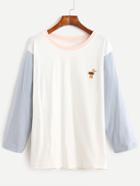 Romwe Contrast Sleeve Bird Embroidered T-shirt