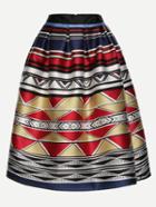 Romwe Multicolor Geometric Print Box Pleated Midi Skirt