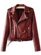 Romwe Burgundy Faux Leather Belted Moto Jacket With Zipper