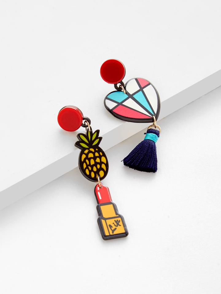 Romwe Lipstick & Heart Drop Mismatched Earrings