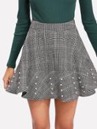 Romwe Pearl Beading Plaid Flared Skirt