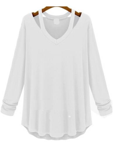 Romwe V Neck Long Sleeve Hollow White T-shirt