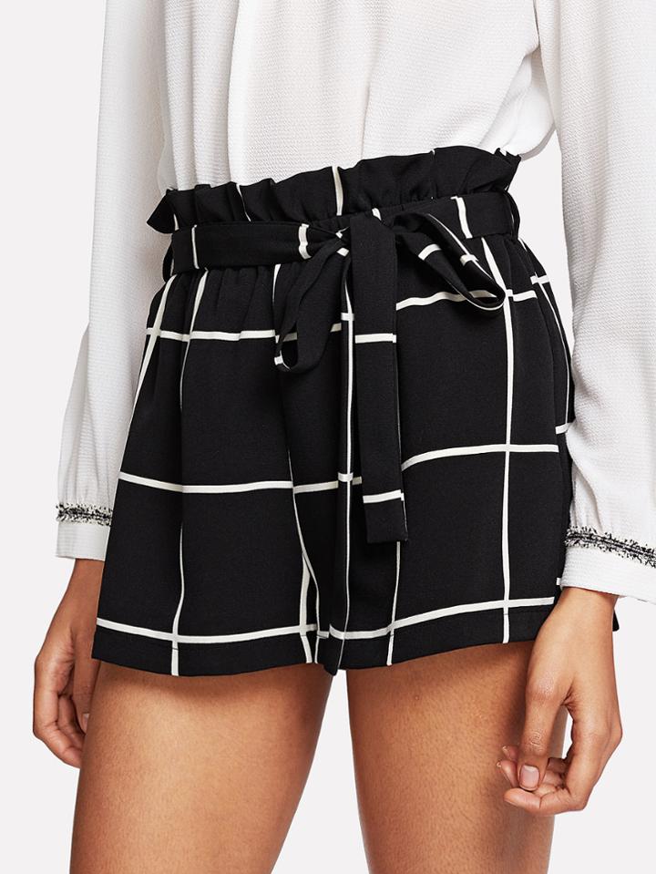 Romwe Ruffle Waist Self Belt Grid Shorts