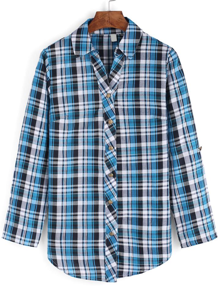 Romwe Lapel Plaid Buttons Blue Blouse