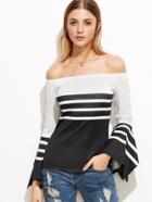 Romwe Black And White Striped Off The Shoulder Bell Sleeve Blouse