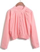Romwe Stand Collar Buttons Crop Pink Blouse