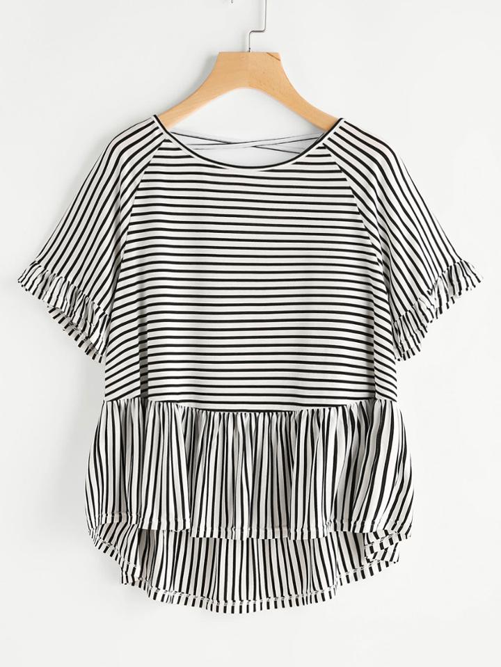 Romwe Crisscross Back Frill Trim Dip Hem Smock Tee