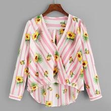 Romwe V Neckline Floral Striped Print Blouse