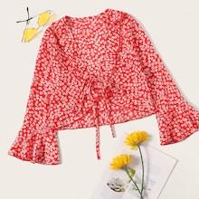 Romwe Calico Print Flounce Sleeve Blouse