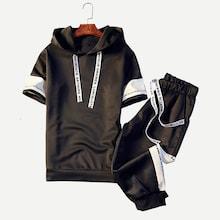 Romwe Men Contrast Tape Hooded Top With Shorts
