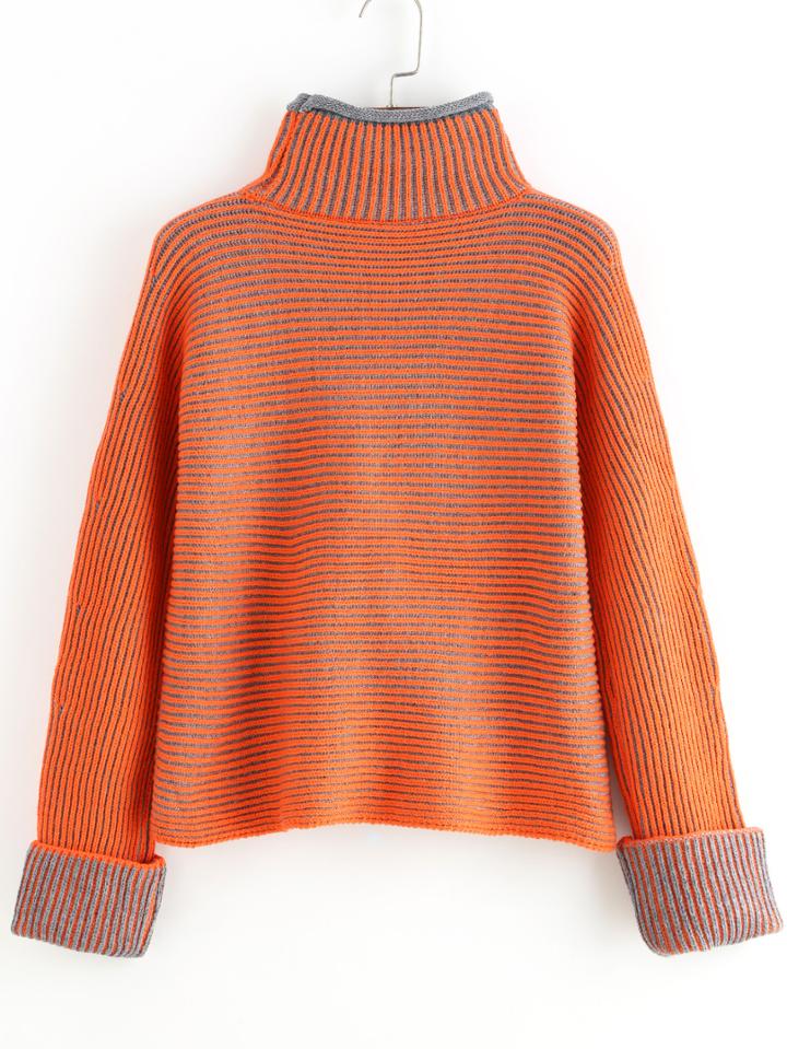 Romwe Orange High Neck Striped Sweater
