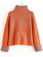 Romwe Orange High Neck Striped Sweater