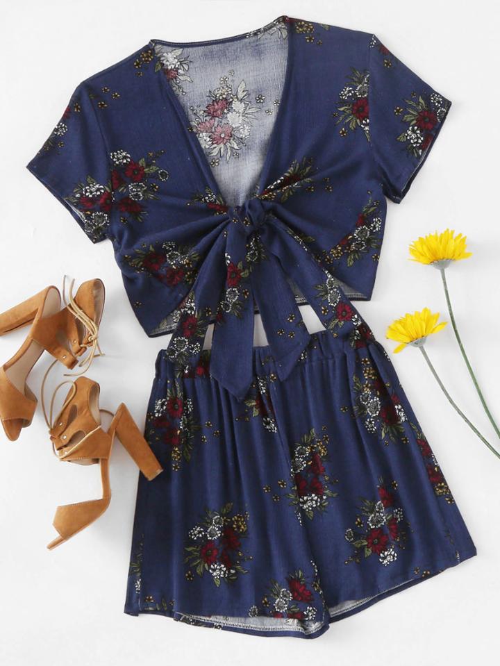 Romwe Random Botanical Print Knotted Top With Shorts