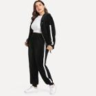 Romwe Plus Drop Shoulder Velvet Hooded Jacket & Velvet Sweatpants