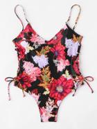 Romwe Flower Print Lace Up Swimsuit