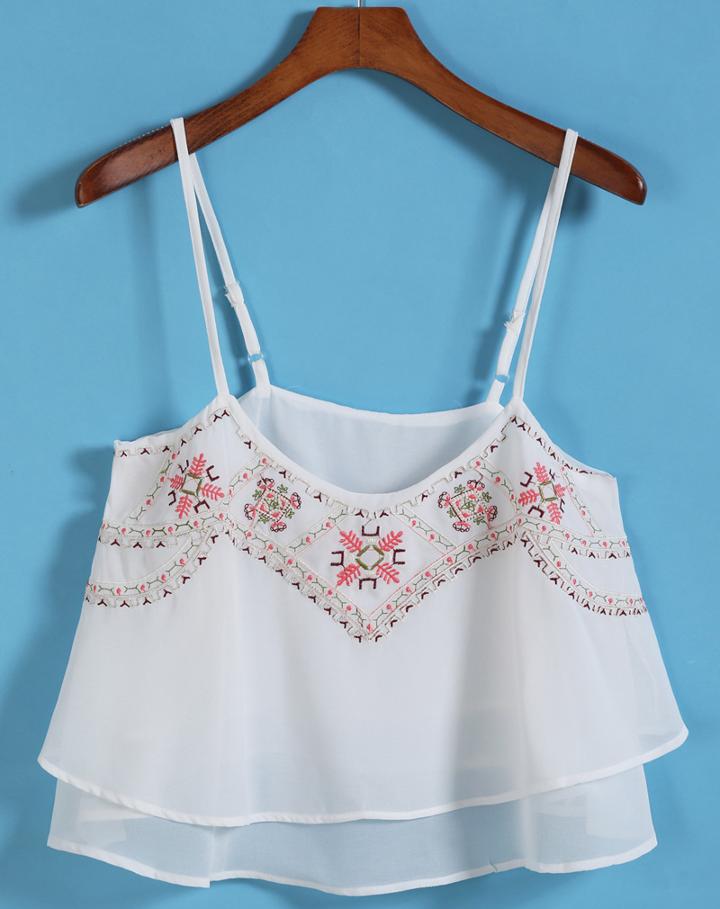 Romwe Spaghetti Strap Embroidered Chiffon White Cami Top