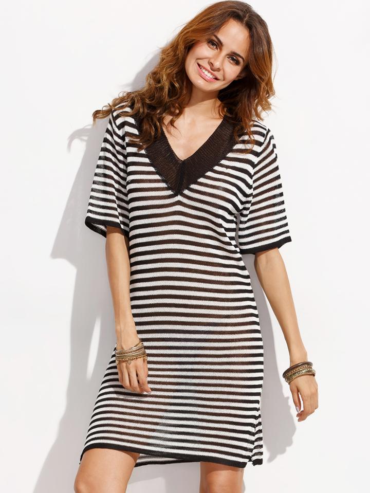 Romwe Black White Striped Knit Dress