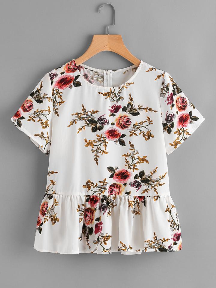 Romwe Floral Print Random Frill Hem Blouse