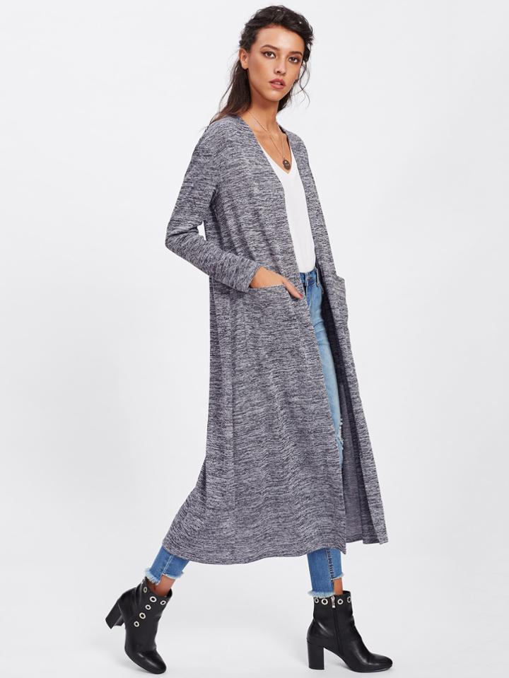 Romwe Open Front Marled Knit Coat