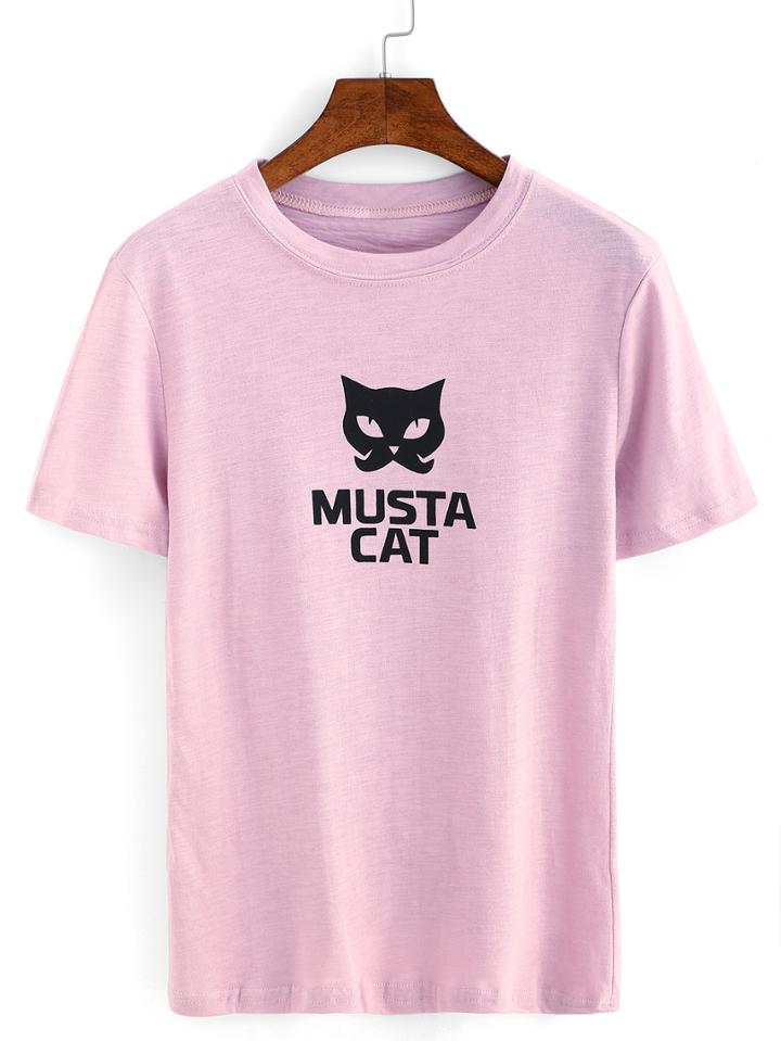Romwe Cat Print Pink T-shirt