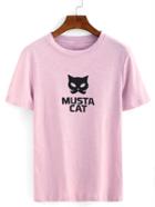 Romwe Cat Print Pink T-shirt