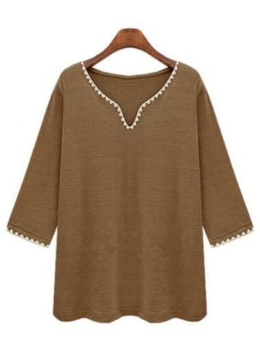 Romwe V Neck Khaki T-shirt