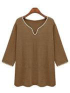 Romwe V Neck Khaki T-shirt