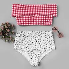 Romwe Gingham Bardot Top With Random Ant Print Bikini