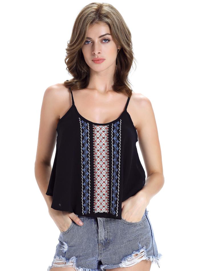 Romwe Black Embroidered Swing Chiffon Cami Top
