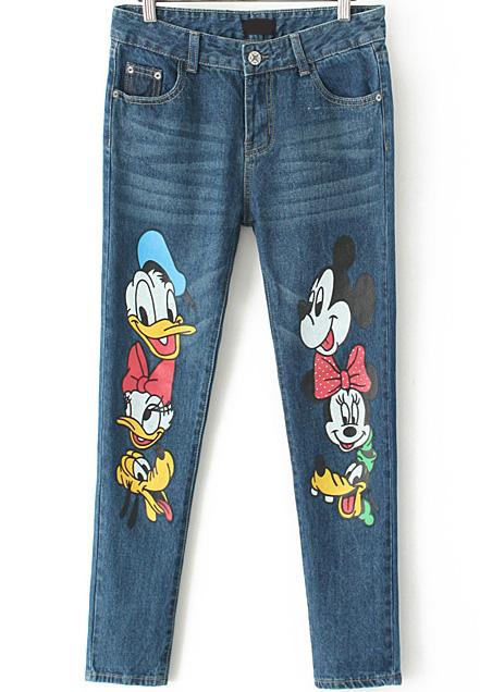 Romwe Cartoon Mickey Donald Duck Print Denim Pant
