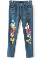 Romwe Cartoon Mickey Donald Duck Print Denim Pant