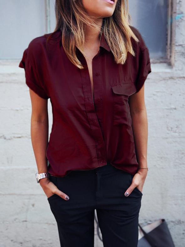 Romwe Red Lapel Short Sleeve Pocket Blouse