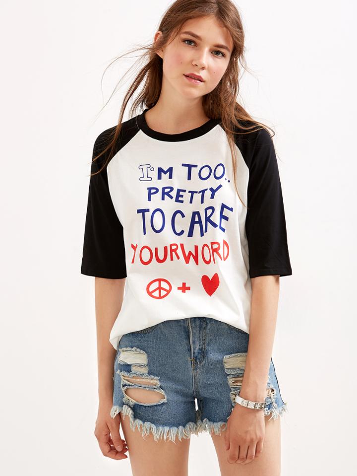 Romwe Color Block Letter Print Raglan Sleeve T-shirt