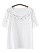 Romwe White Short Sleeve Round Neck Rivets T-shirt