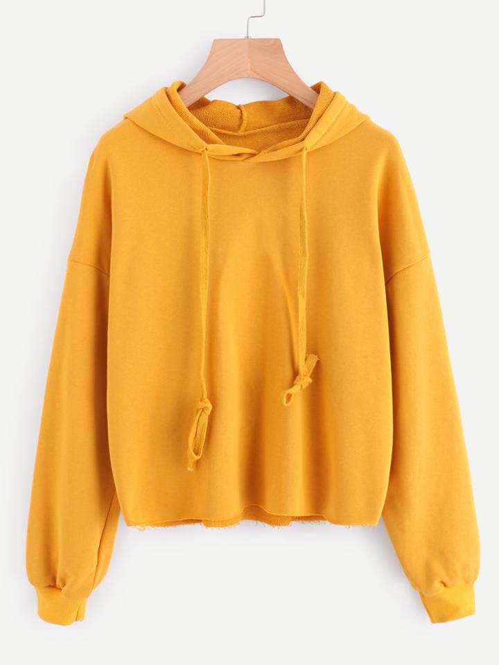 Romwe Drop Shoulder Raw Hem Hoodie