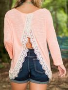 Romwe Contrast Lace Split Back T-shirt