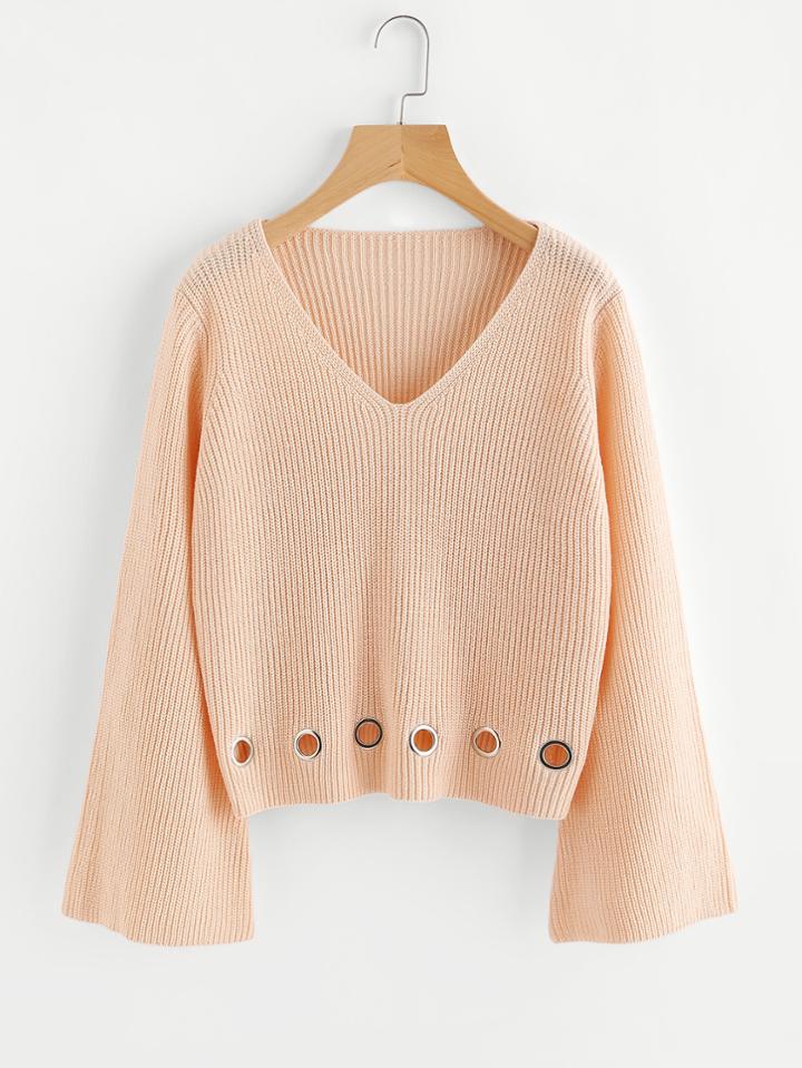 Romwe Grommet Detail Fluted Sleeve Jumper