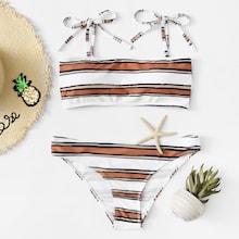 Romwe Striped Self Tie Top With Seam Trim Bikini Set
