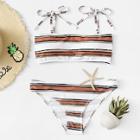 Romwe Striped Self Tie Top With Seam Trim Bikini Set
