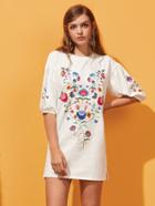 Romwe Elbow Sleeve Flower Embroidery Split Side Dress