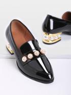 Romwe Black Pearl Detail Chunky Heeled Patent Leather Loafers