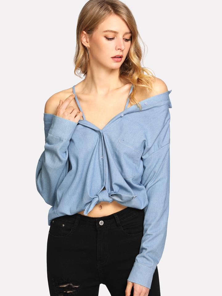 Romwe Knot Front Open Shoulder Blouse