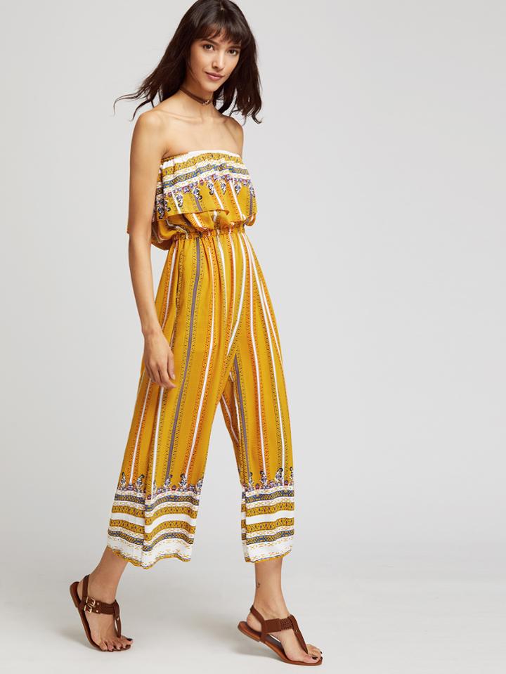 Romwe Yellow Off The Shoulder Layer Tribal Print Jumpsuit
