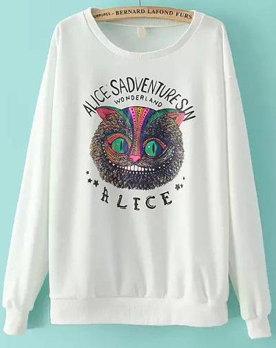Romwe Owl Letters Print White Sweatshirt