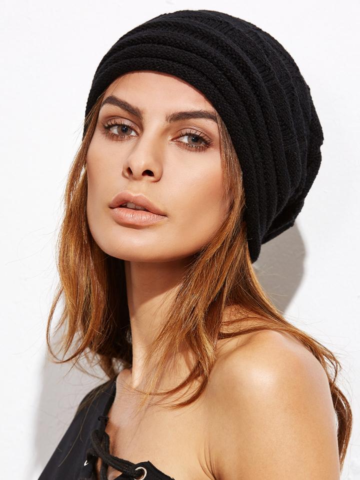 Romwe Black Foldover Slouchy Knit Beanie Hat