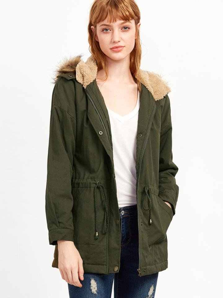 Romwe Olive Green Faux Fur Trim Hooded Utility Coat