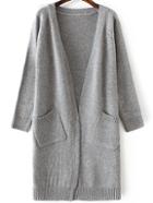 Romwe Grey Collarless Ribbed Trim Long Cardigan With Pockets