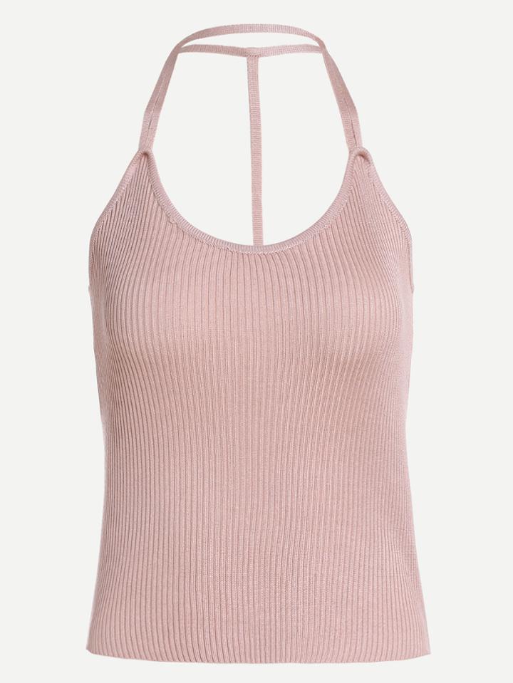 Romwe Pink Halter Knitted Top