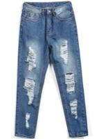 Romwe Pockets Bleached Ripped Denim Pant