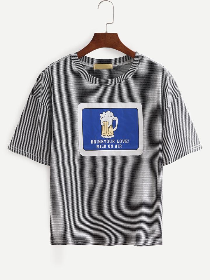 Romwe Beer Print Drop Shoulder Striped T-shirt - Black